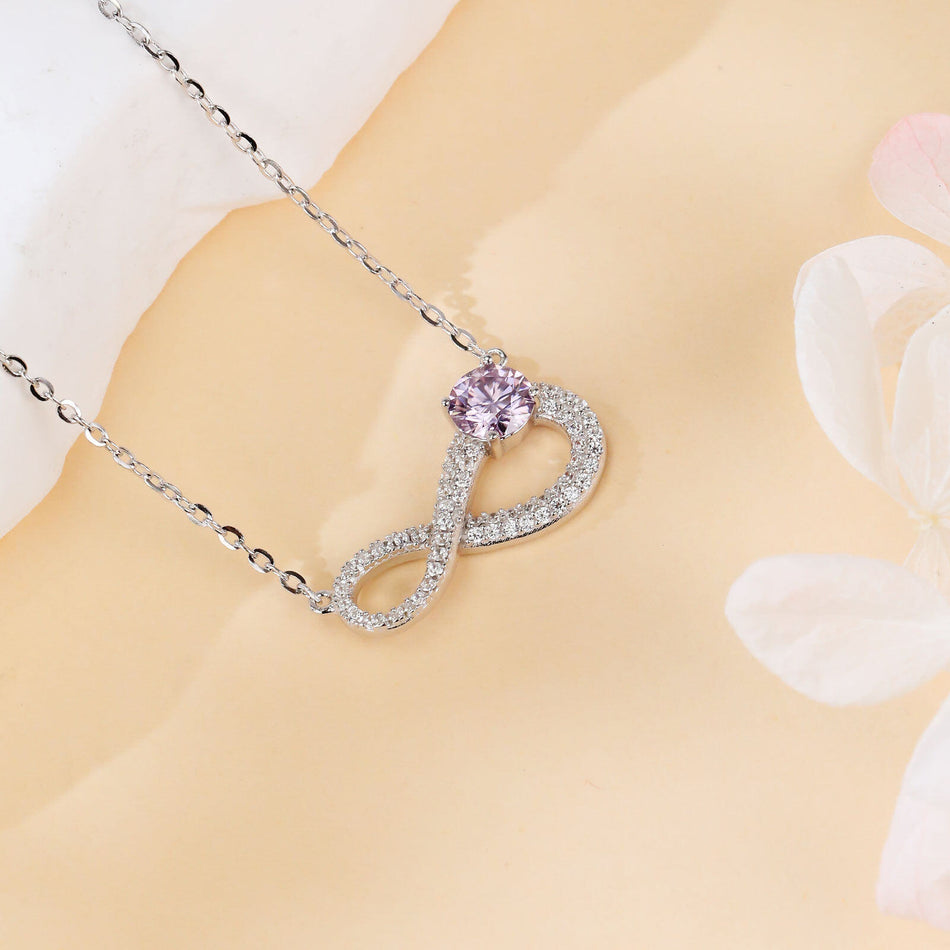 925 Sterling Silver Elegant Infinity Moissanite Necklace With Purple Gemstone Pendant