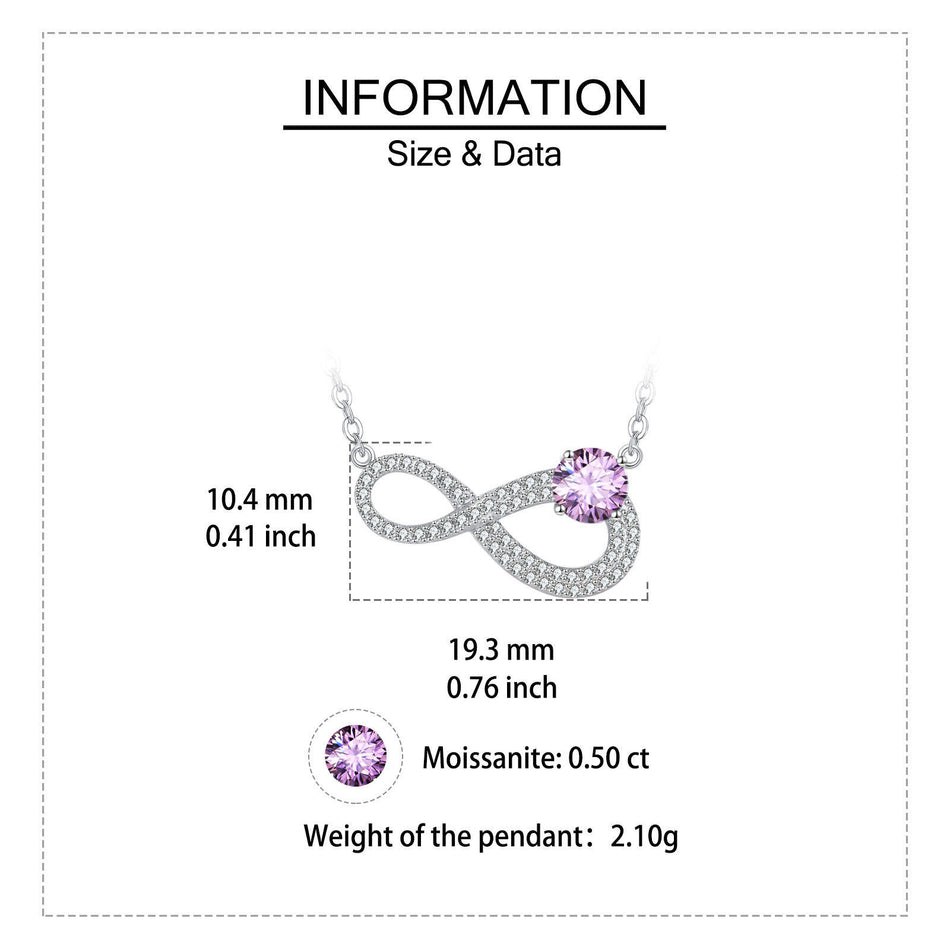 925 Sterling Silver Elegant Infinity Moissanite Necklace With Purple Gemstone Pendant