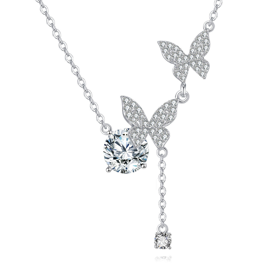 925 Sterling Silver Elegant Moissanite-encrusted Butterfly Pendant Necklace With Timeless Charm