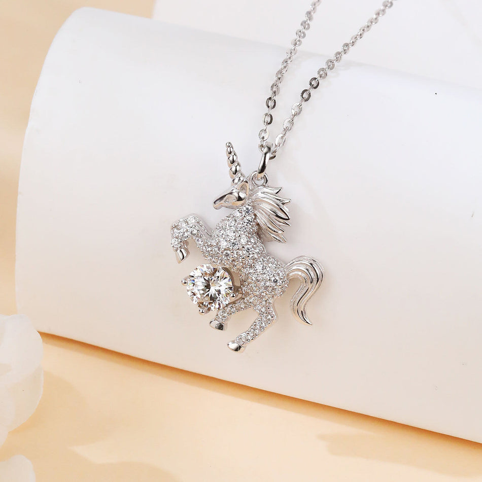 925 Sterling Silver Elegant Silver Unicorn Pendant Necklace With Moissanite Accents