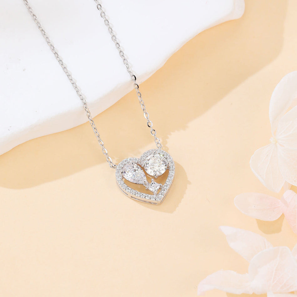 925 Sterling Silver Eternal Love Moissanite Heart Pendant Necklace With Twin Gems And Sparkling Accents