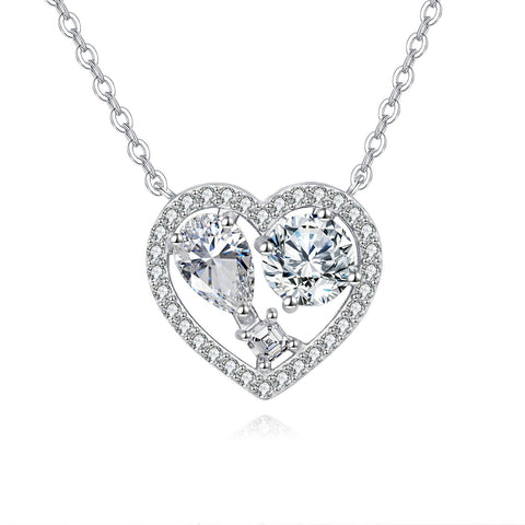 925 Sterling Silver Eternal Love Moissanite Heart Pendant Necklace With Twin Gems And Sparkling Accents