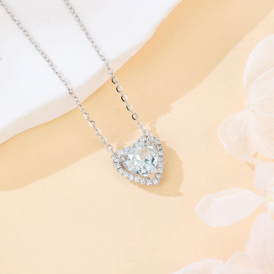 925 Sterling Silver Elegant Heart-shaped Blue Gemstone Necklace With Zircon Accents On Sterling Silver Chain