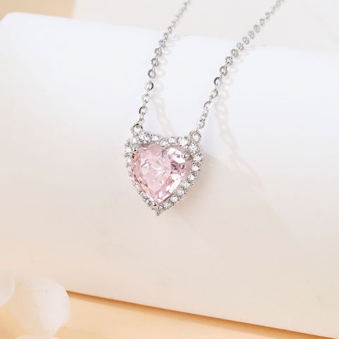 925 Sterling Silver Elegant Heart-shaped Pink Gemstone Necklace With Zircon Accents On Silver Chain