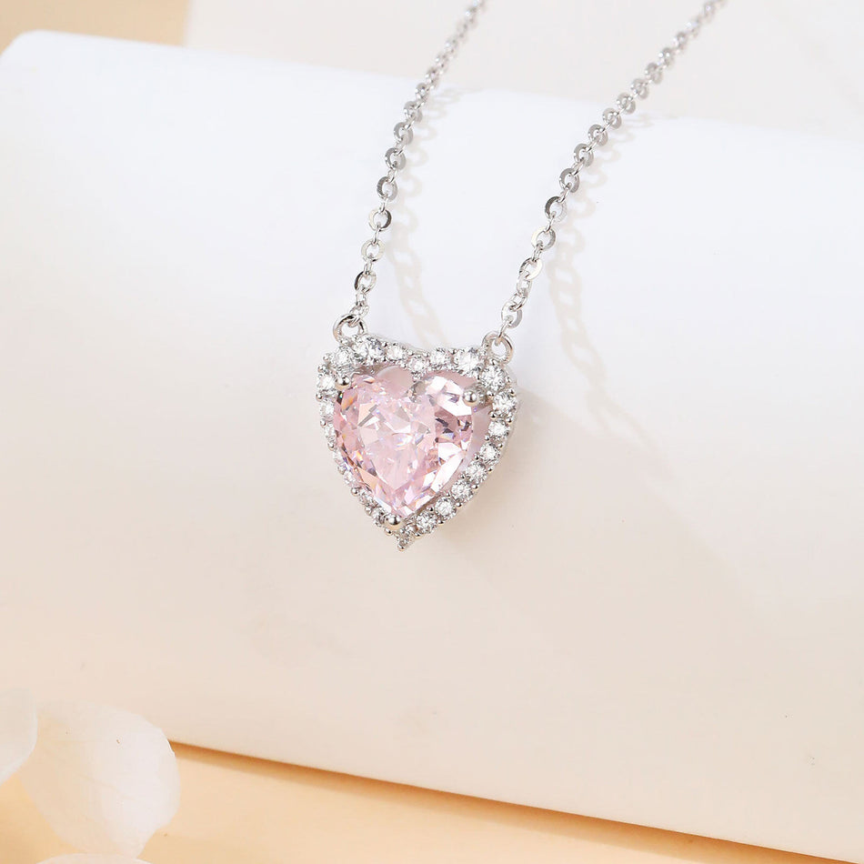 925 Sterling Silver Elegant Heart-shaped Pink Gemstone Necklace With Zircon Accents On Silver Chain