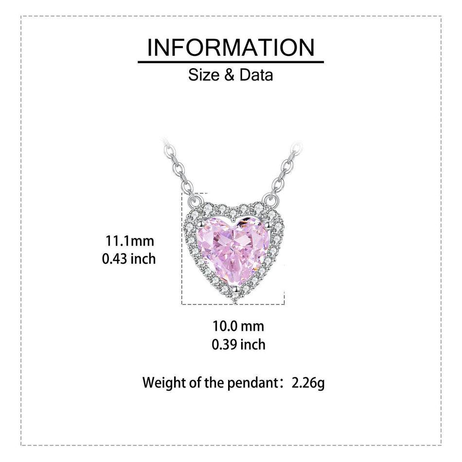 925 Sterling Silver Elegant Heart-shaped Pink Gemstone Necklace With Zircon Accents On Silver Chain