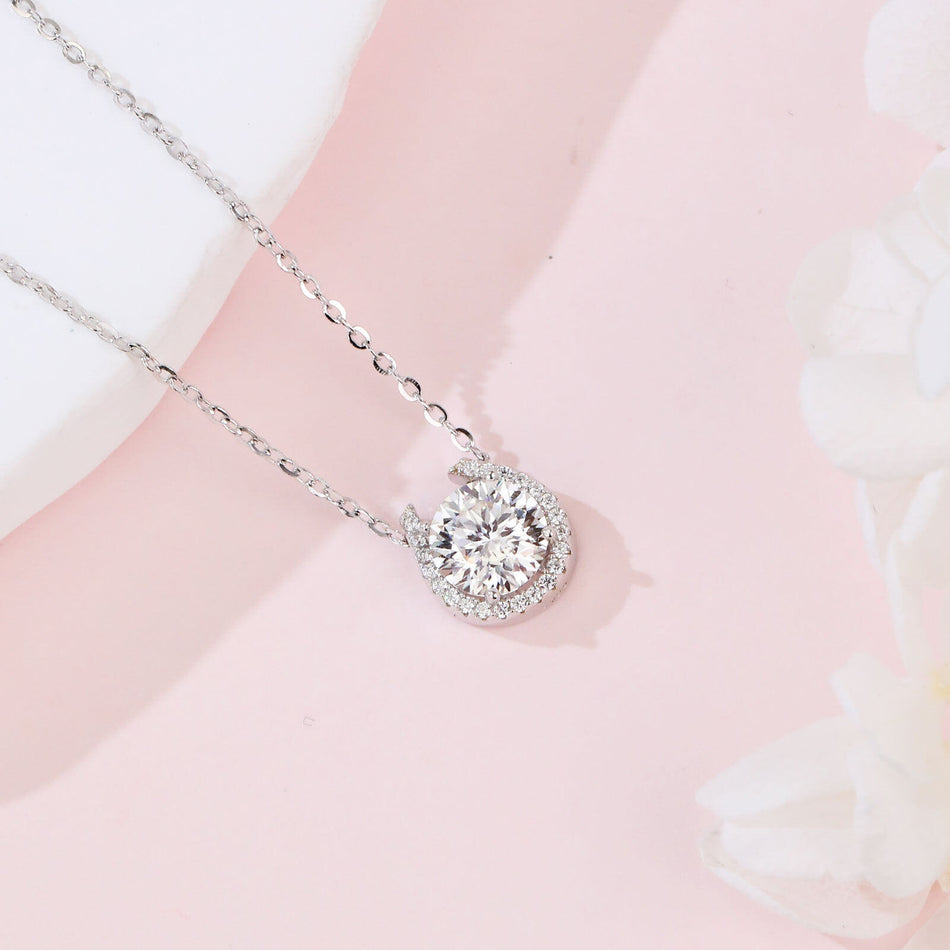 925 Sterling Silver Elegant Moissanite Halo Pendant Necklace In Plated with White Gold