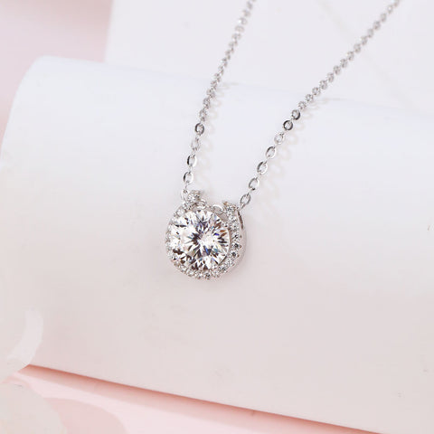925 Sterling Silver Elegant Moissanite Halo Pendant Necklace In Plated with White Gold