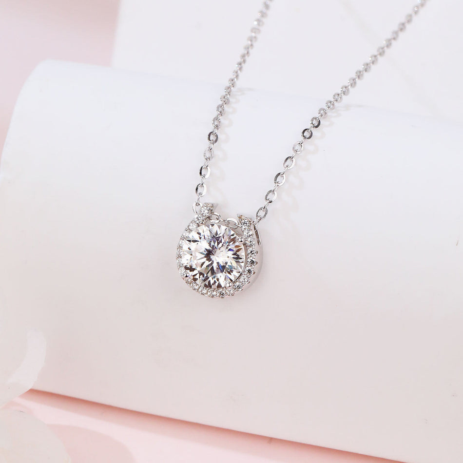 925 Sterling Silver Elegant Moissanite Halo Pendant Necklace In Plated with White Gold
