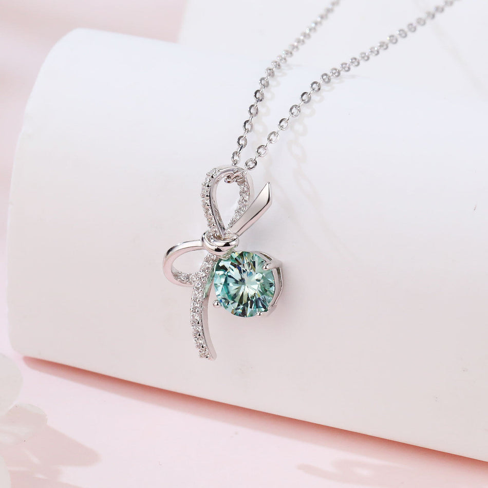 925 Sterling Silver Elegant Silver Bow Pendant Necklace With Light Blue Moissanite Centerpiece
