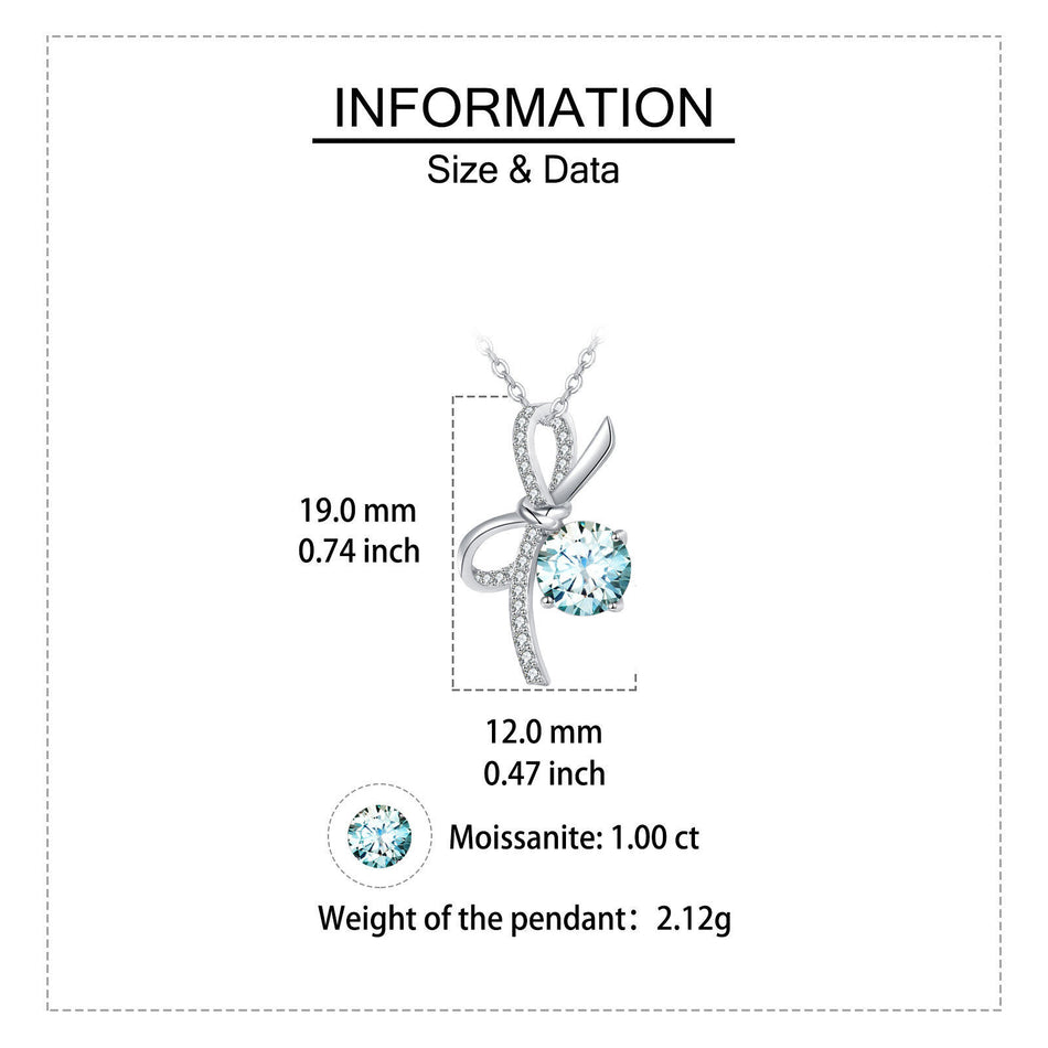 925 Sterling Silver Elegant Silver Bow Pendant Necklace With Light Blue Moissanite Centerpiece