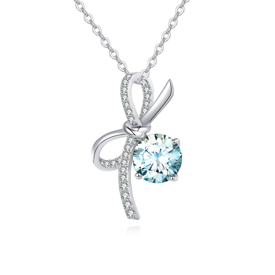 925 Sterling Silver Elegant Silver Bow Pendant Necklace With Light Blue Moissanite Centerpiece
