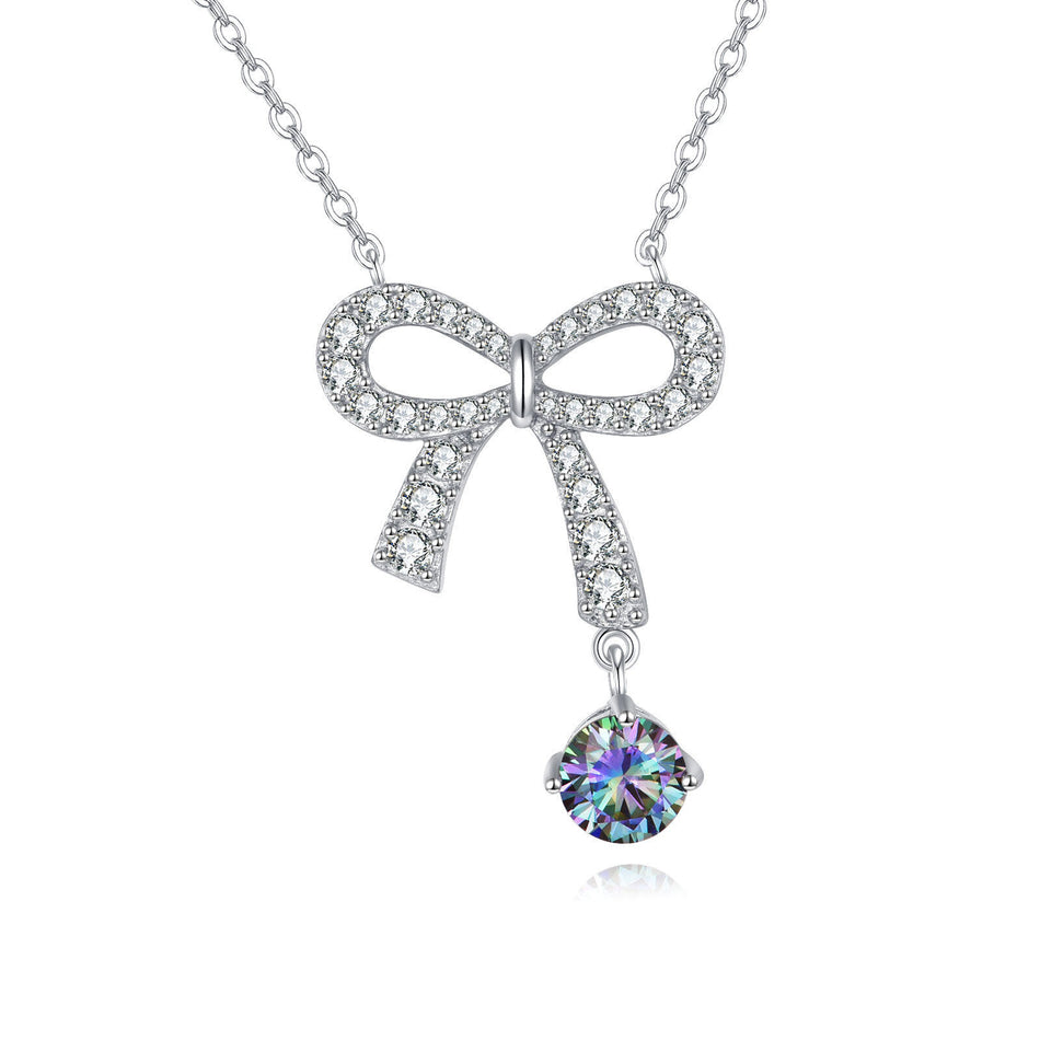 925 Sterling Silver **elegant Moissanite Bow Necklace With Multicolor Gemstone Pendant**