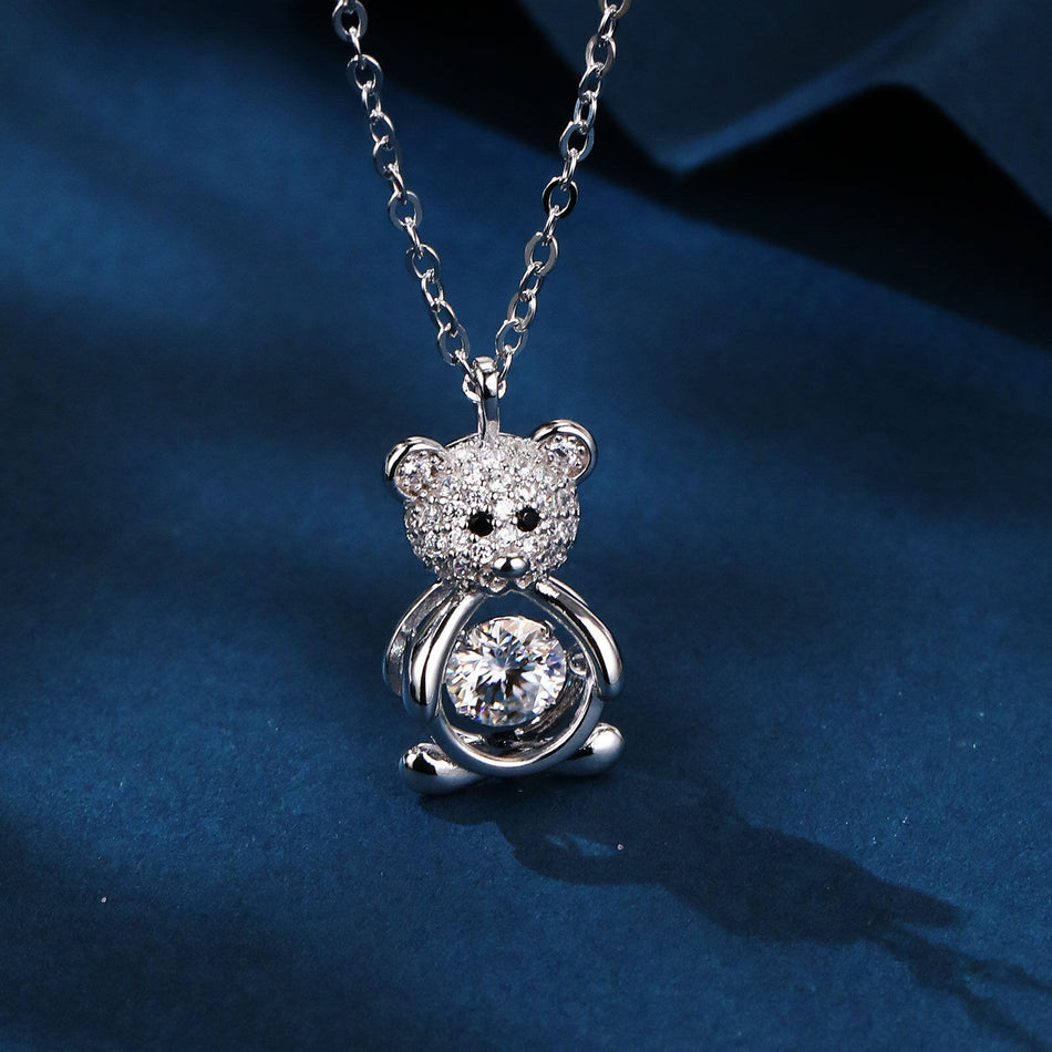 925 Sterling Silver Sparkling Teddy Bear Moissanite Pendant Necklace