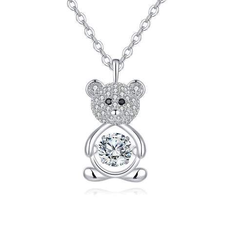 925 Sterling Silver Sparkling Teddy Bear Moissanite Pendant Necklace