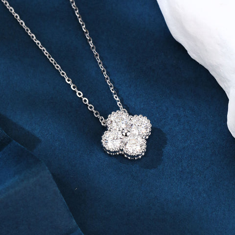 925 Sterling Silver Elegant Moissanite Flower Pendant Necklace In Sterling Silver Chain