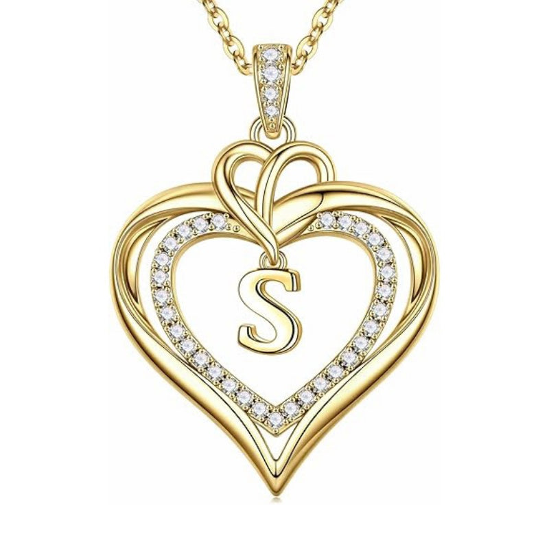14K Gold Plated Initial Double Heart Pendant Necklace Anniversary Birthday Gifts for Women