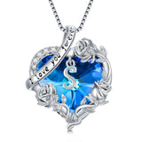 Sterling Silver  Blue Heart Crystal Initial A-Z Letter Rose Pendant Necklace Engraved with  I Love You Forever