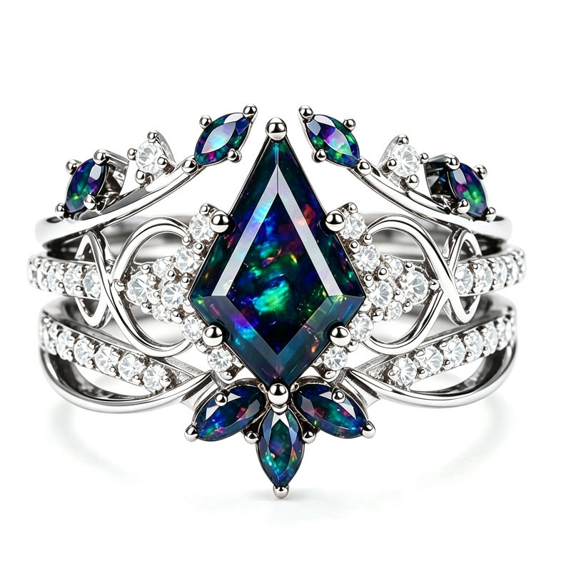 Sterling Silver 10K  14K  18K  Gold Personalized Engraved Black Opal Engagement Wedding Promise Ring for Her