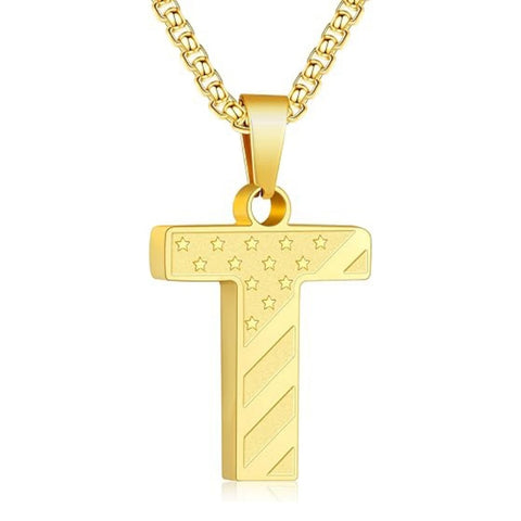 14K Gold Plated American Flag Initial Pendant Necklace for Men