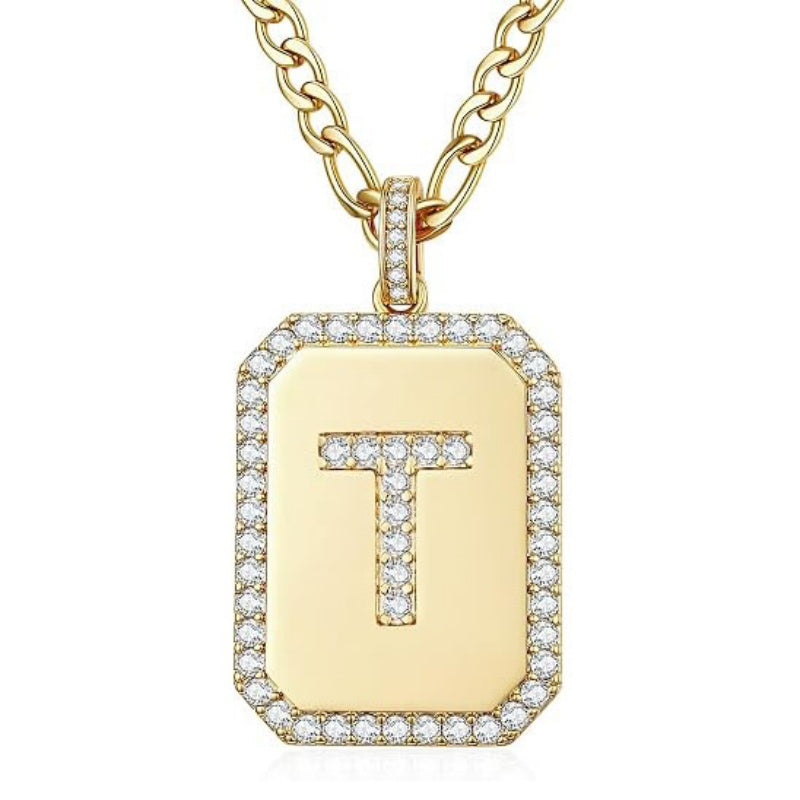14K Gold Plated  Cubic Zirconia Initial Necklace Square Monogram Jewelry