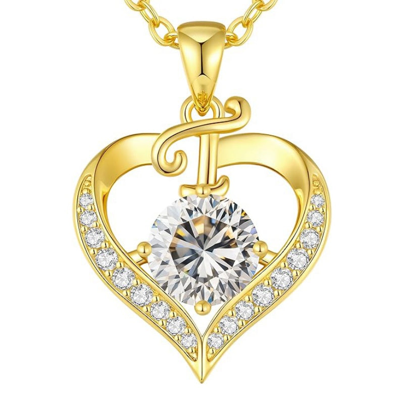 14K Gold Plated Initial Love Heart 2 Carat Moissanite Necklaces for Women Christmas Anniversary Birthday Present Gifts