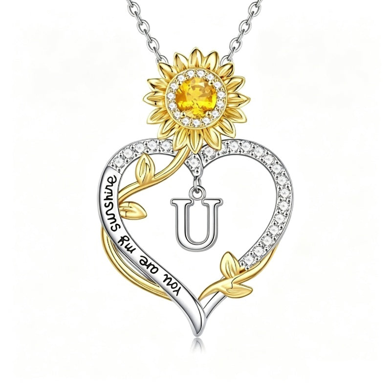 14K Gold Plated Initial Sunflower Pendant Necklace Engraved with You Are My Sunshine