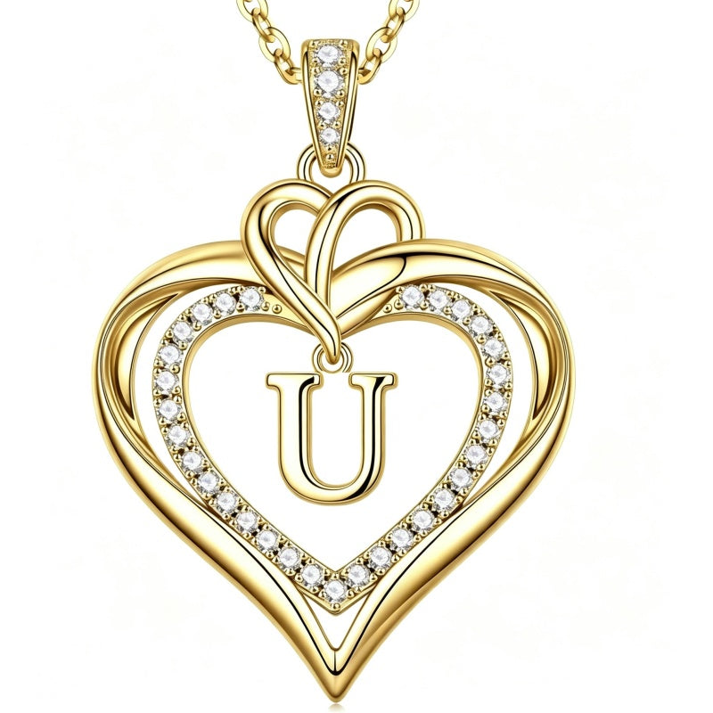14K Gold Plated Initial Double Heart Pendant Necklace Anniversary Birthday Gifts for Women