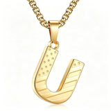 14K Gold Plated American Flag Initial Pendant Necklace for Men