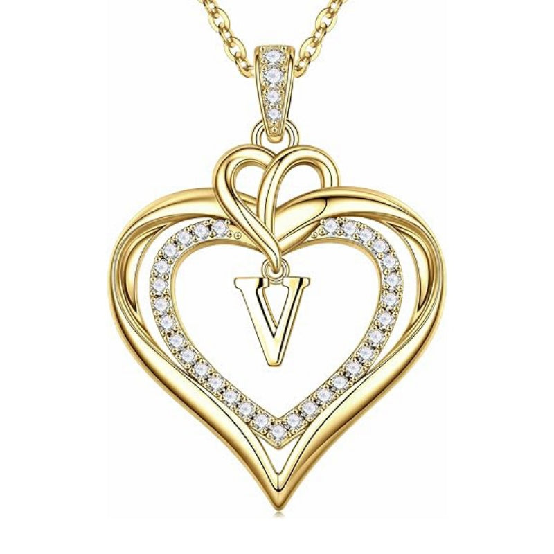 14K Gold Plated Initial Double Heart Pendant Necklace Anniversary Birthday Gifts for Women