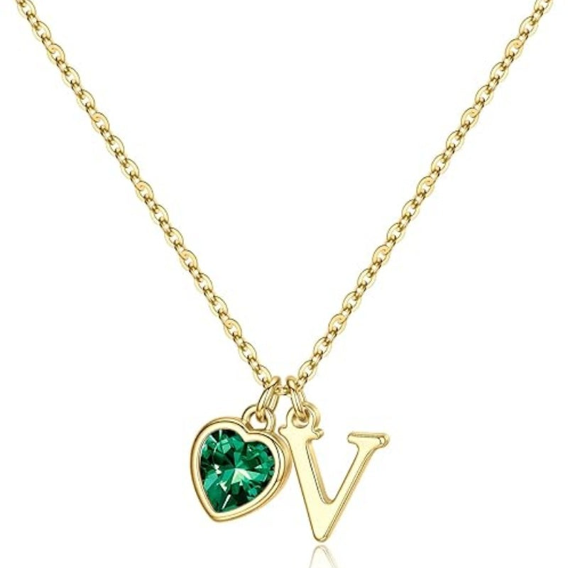 14K Gold Plated Initial A-Z Heart Birthstone Letter Necklace