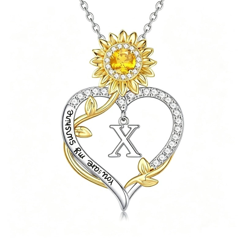 14K Gold Plated Initial Sunflower Pendant Necklace Engraved with You Are My Sunshine
