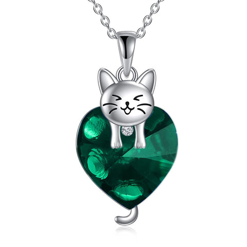 Silver Cat 12 Month Birthstone Pendant Necklace