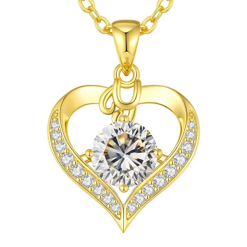 14K Gold Plated Initial Love Heart 2 Carat Moissanite Necklaces for Women Christmas Anniversary Birthday Present Gifts