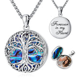 Tree of Life Locket Necklace Sterling Silver Photo Necklace Abalone Shell Family Tree of Life Jewelry for Women Men