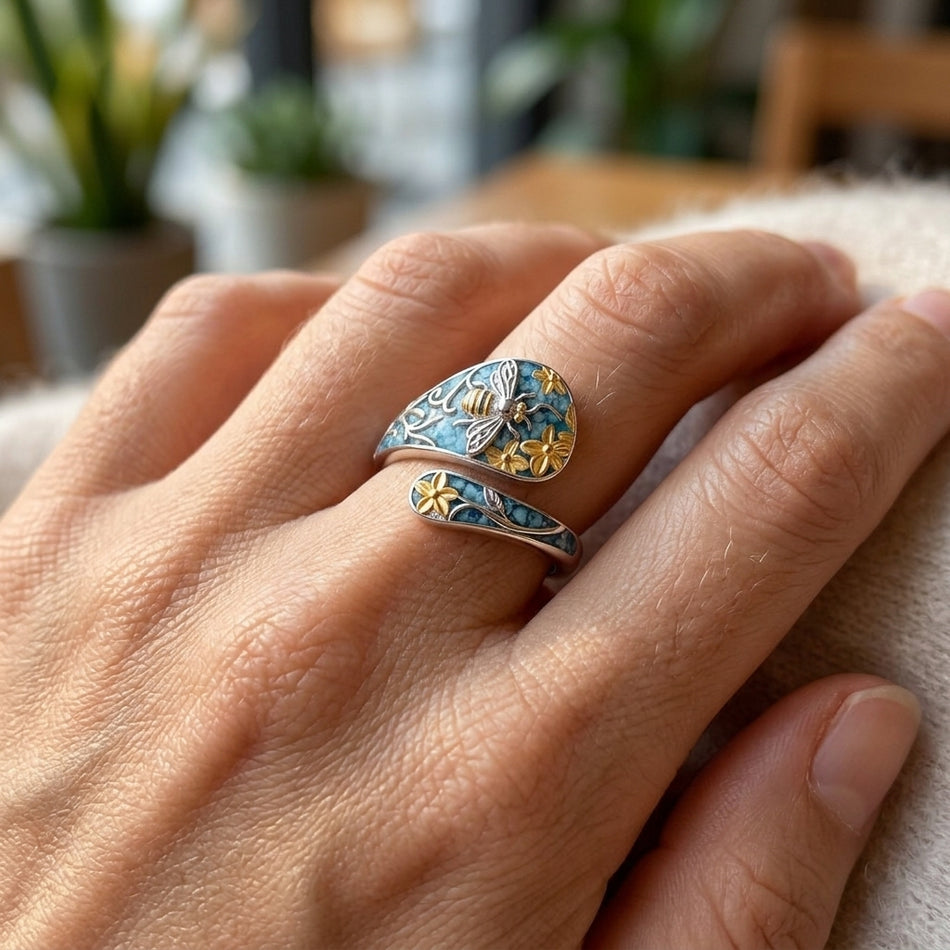 Sterling Silver Turquoise Hummingbird Butterfly Sunflower Adjustable Spoon Ring