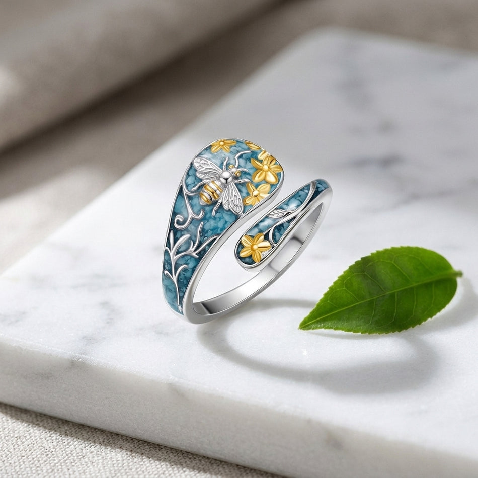 Sterling Silver Turquoise Hummingbird Butterfly Sunflower Adjustable Spoon Ring
