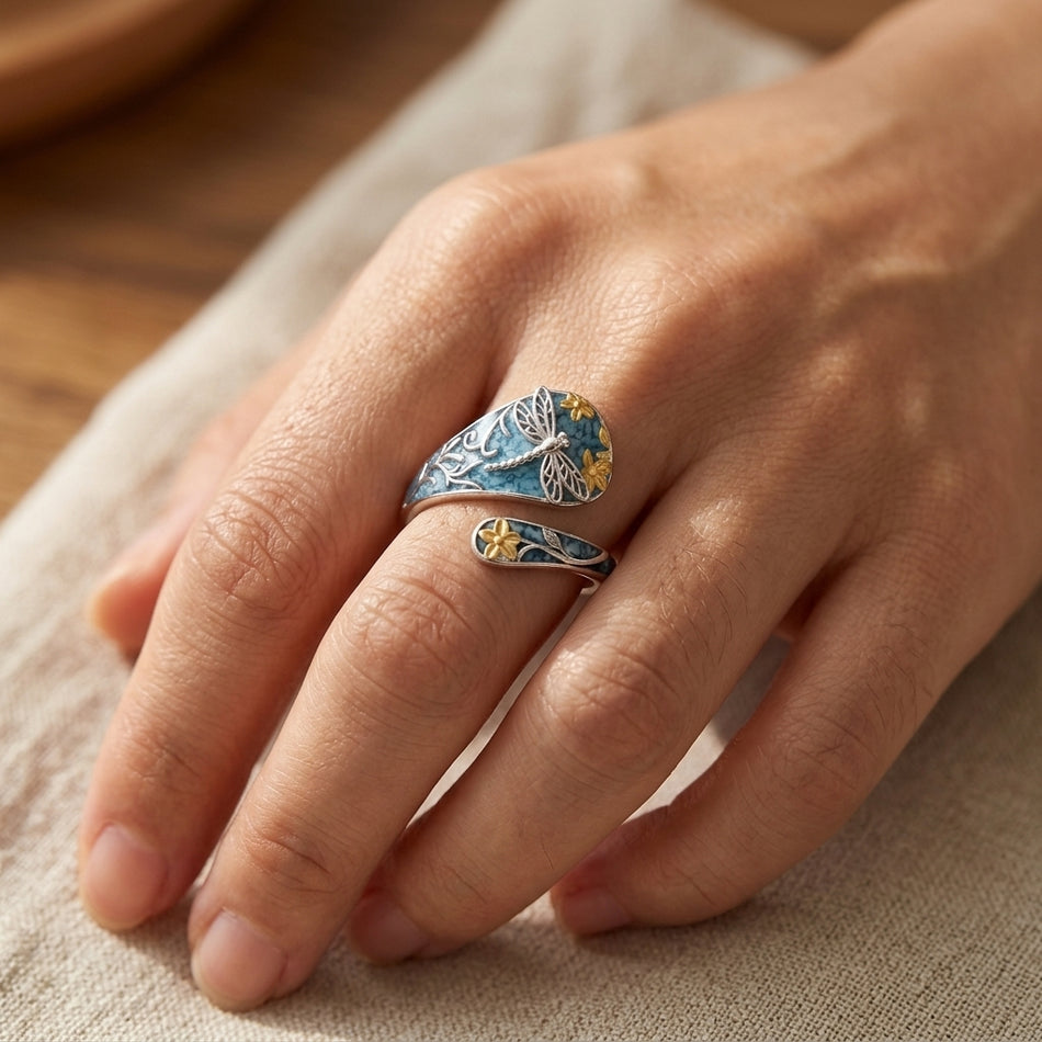 Sterling Silver Turquoise Hummingbird Butterfly Sunflower Adjustable Spoon Ring