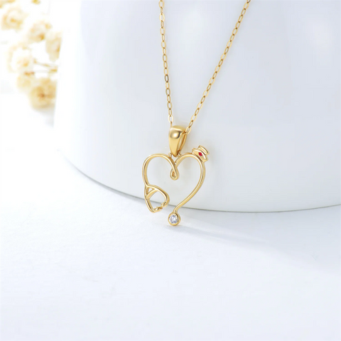 14K Gold Heart-Shaped Stethoscope Pendant Necklace