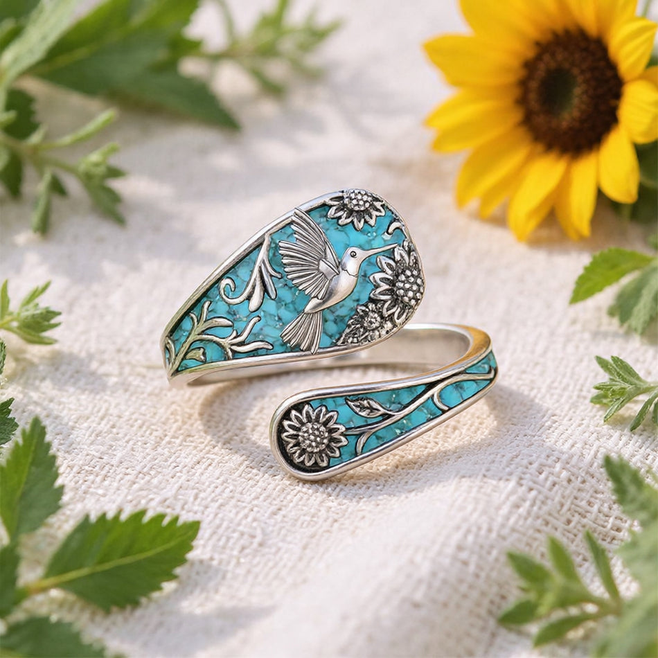 Sterling Silver Turquoise Hummingbird Butterfly Sunflower Adjustable Spoon Ring