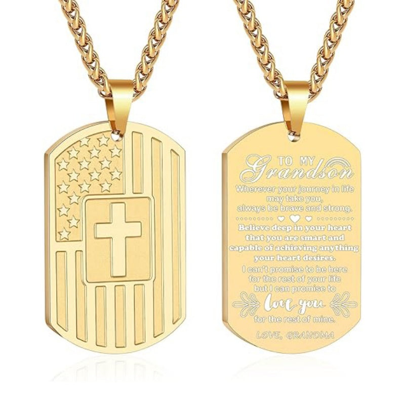 14K Gold Plated American Flag Dog Tag Cross Necklace for Men