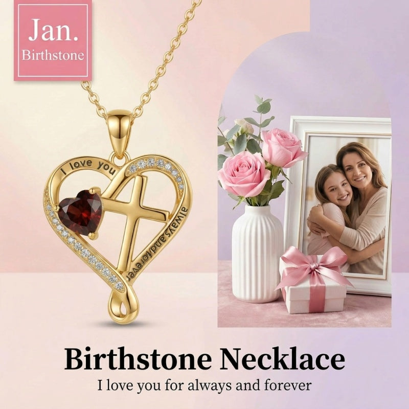 14K Gold Plated Heart  Birthstone Cross Necklace Engraved with I Love You Always and Forever