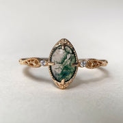 Sterling Silver Vintage Engagement Ring with Moss Agate and Gold Oval Green Gemstone