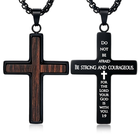 14K Gold Plated Wooden Cross Necklace for Men with Stainless Steel Adjustable Chain