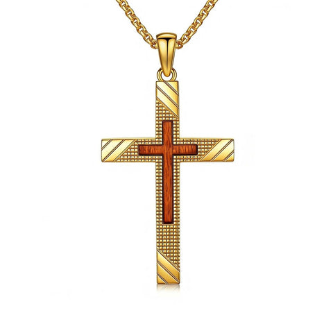 14K Gold Plated Wooden Cross Pendant Necklace Christian Catholic Jewelry Religious Gift