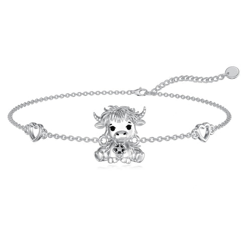 Sterling Silver Birthstone Highland Cow Single Layer Anklet