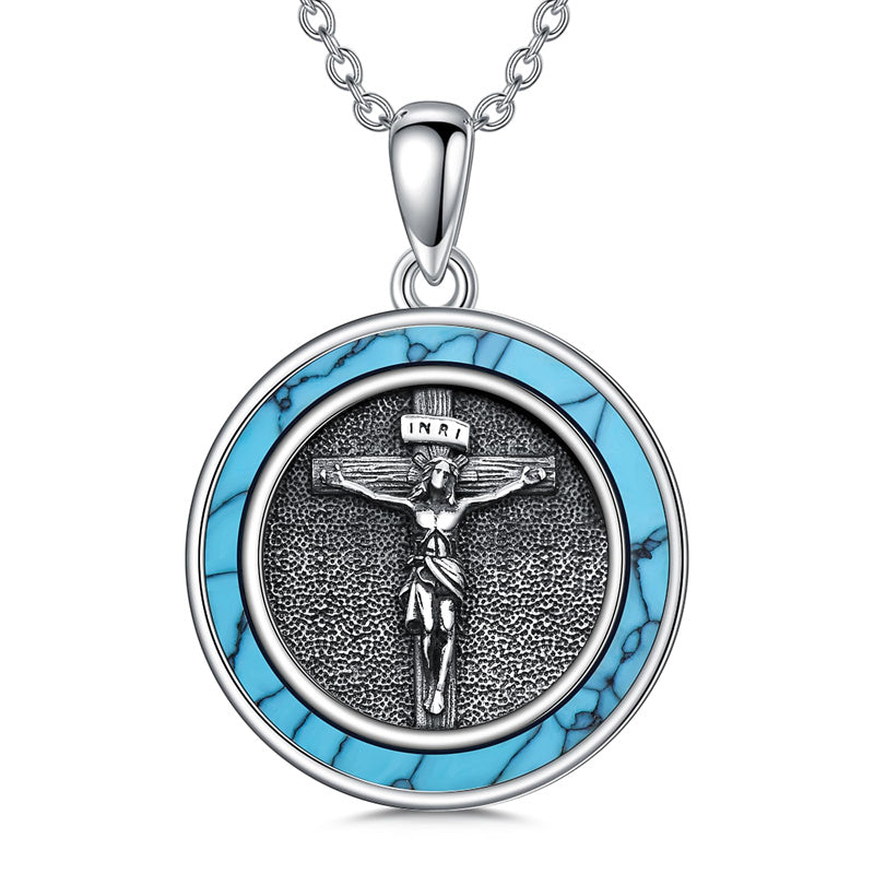 Sterling Silver Crown of Thorns Jesus St Benedict St Michael Pendant Necklace