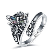 S925 Sterling Silver Turquoise Dragonfly/Butterfly Spoon Ring Oxidized Wrap RingGifts for Women Girls