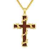 14K Gold Plated Wooden Cross Pendant Necklace Christian Catholic Jewelry Religious Gift
