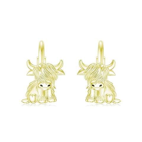 10K 14K 18K Solid Gold Highland Cow Leverback Earrings